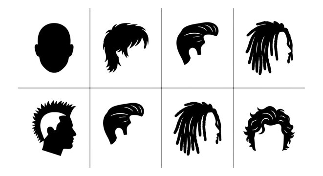 Male hairstyle silhouette collection, 8 black hair icons for men, diverse barber shop haircut set with mohawk and dreadlocks vector