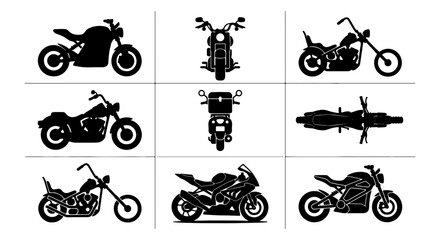 Motorcycle silhouette vector set, 9 black motorbike icons including chopper and sport bike, classic cruiser and cafe racer silhouettes © MD