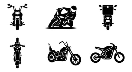Motorcycle silhouette icon set, black motorbike vector graphics, 6 transport elements including chopper and delivery bike, racing and cruiser bike symbols © MD