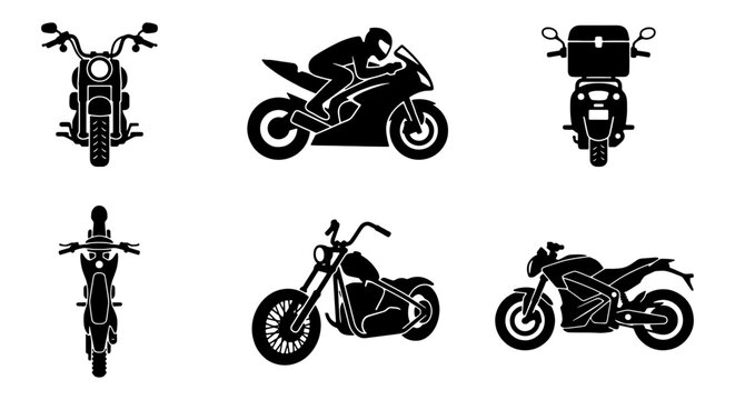 Motorcycle silhouette icon set, black motorbike vector collection with chopper and sport bike, 6 motor cycle symbols for delivery and racing