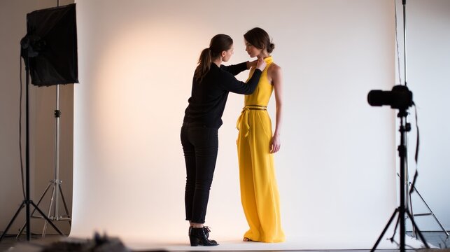 Fashion stylist adjusts a model's yellow dress during a professional photoshoot in a modern studio. Bright lighting and minimalistic background create a trendy, elegant atmosphere
