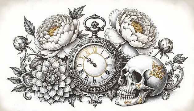 Intricate vintage vector featuring an antique clock, decorative skull, and blooming flowers in a gothic botanical style. Elegant memento mori artwork for prints, apparel, and design projects.