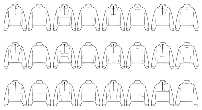 Collection of hoodie garment technical flats for fashion design with sweatshirt template clothing