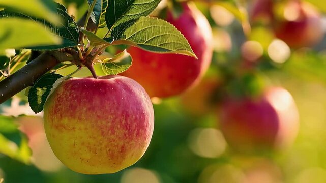 Ripe apple hanging from a tree with a softly blurred natural background, peaceful video featuring gentle sunlight, fresh orchard scenery and seasonal harvest beauty