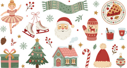 Fototapeta premium Christmas Holiday Vector Illustration Set with Santa Claus Tree and Winter Icons.