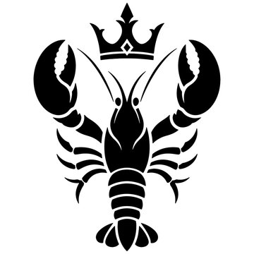 Black crayfish icon with crown, crustacean symbol, seafood logo, royalty mark