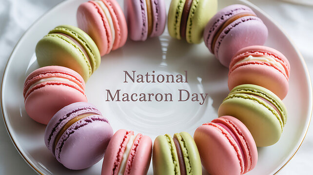 Colorful macarons arranged in a circle on a white plate celebrating National Macaron Day