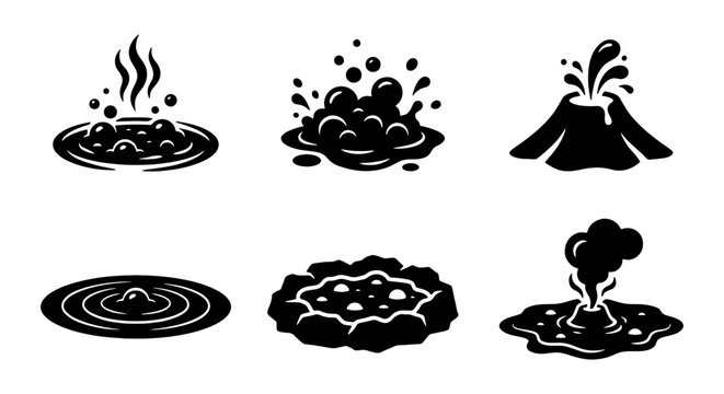 Volcano and geyser icon set, black silhouette volcanic eruption and bubbling mud pool vectors, geothermal hot spring and steam vent graphics