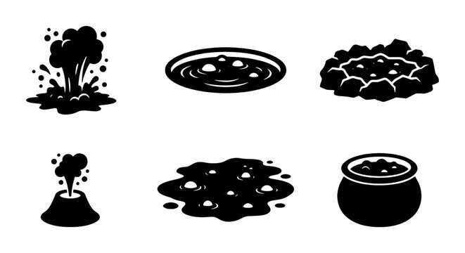 Black silhouette volcanic activity icons, 6 geyser and hot spring vector elements, bubbling mud pool and thermal vent graphics for geology maps