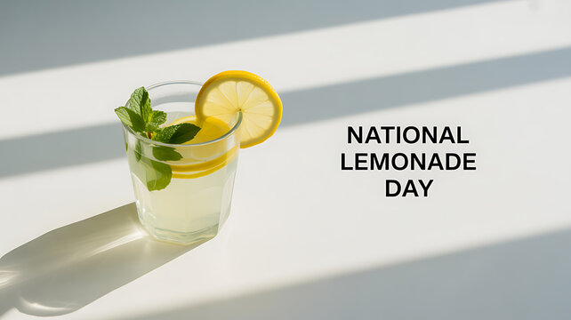 A glass of lemonade with a lemon slice and mint garnish on a sunlit surface, celebrating National Lemonade Day.