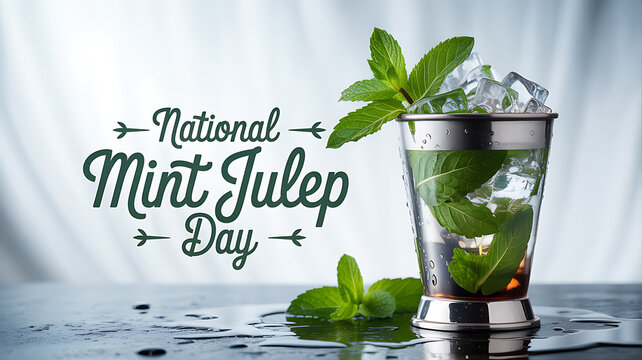 National Mint Julep Day celebration with a refreshing mint julep cocktail in a silver cup, garnished with fresh mint and ice.