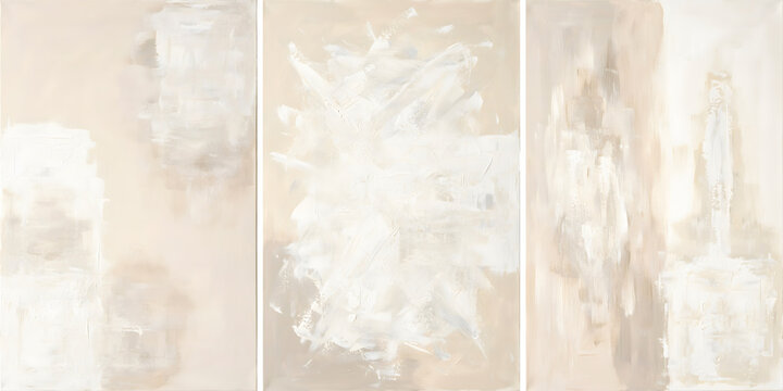 Abstract triptych with creamy white and beige acrylic paint isolated on transparent background png
