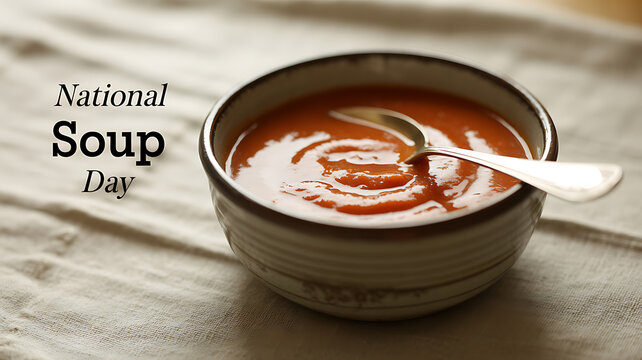A bowl of tomato soup with a spoon, served on a cloth surface, celebrating National Soup Day