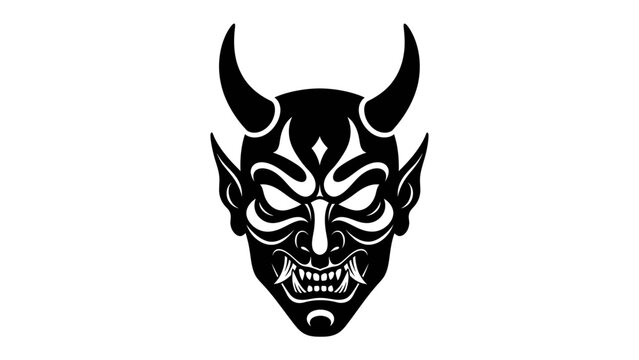 Evil Demon Mask: A striking black and white illustration of a demonic mask, featuring sharp horns, piercing eyes, and bared fangs, exuding an aura of malevolence and mystery.