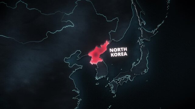 Dark Geopolitical Dashboard Map of East Asia with Glowing Red Alert Highlight on North Korea, High-Tech Broadcast Graphic
