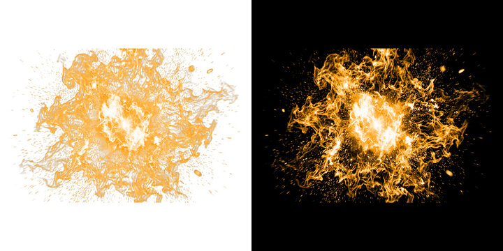 Large orange fire explosion burst with intense glowing heat and radiant sparks on transparent background overlay.