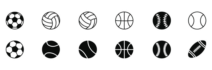 Fototapeta premium Sport ball icon set featuring line and glyph football ball symbols with various athletic equipment designs vector illustration.