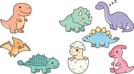 Cute Kawaii Dinosaur Vector Icon Set Featuring Tyrannosaurus Rex, Triceratops, Brontosaurus, Stegosaurus, Ankylosaurus, Pterodactyl, and Hatching Baby Dino Egg for Kids © Rownok