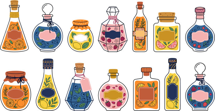 Collection of magical potion bottles with colorful liquids and vintage labels on black background.