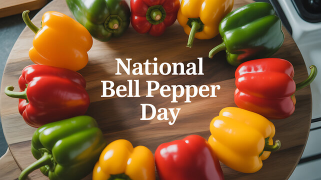 National Bell Pepper Day celebration with colorful bell peppers arranged on a wooden cutting board