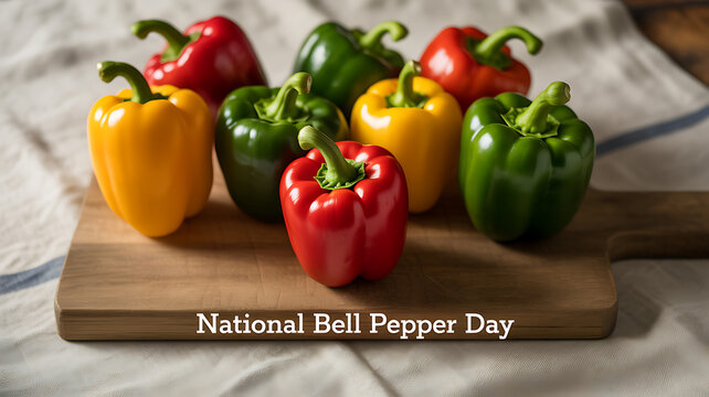 Colorful bell peppers arranged on a wooden cutting board for National Bell Pepper Day