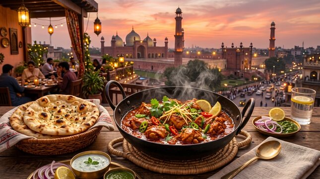 Traditional chicken karahi curry in wok, steaming pakistani food on rooftop restaurant table, scenic sunset view of historic mosque and city skyline