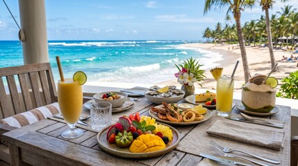 Tropical beach breakfast with exotic fruit platter and fresh smoothies, luxury oceanfront resort dining, summer vacation brunch on a wooden terrace