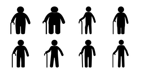 Obraz premium People icons using canes and walkers - Flat design icons showing elderly or disabled people using canes and walkers in a simple black and white style.