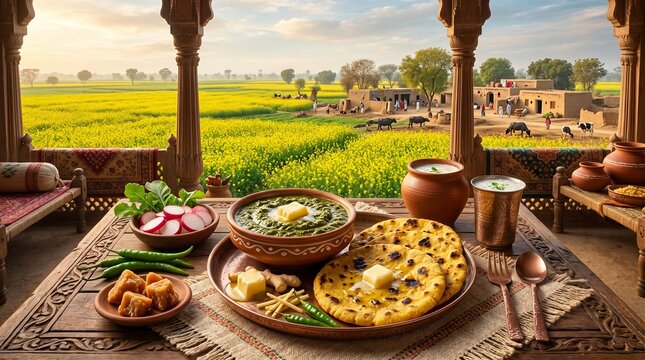 Traditional Punjabi Sarson ka Saag and Makki ki Roti, authentic Indian village breakfast with lassi, rural farm landscape with yellow mustard fields