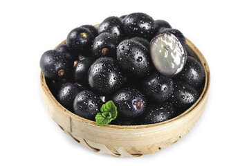 Fresh Black Grapes with Water Droplets in Bamboo Basket - Taiwan Grown Delicious Fruit © VuVan