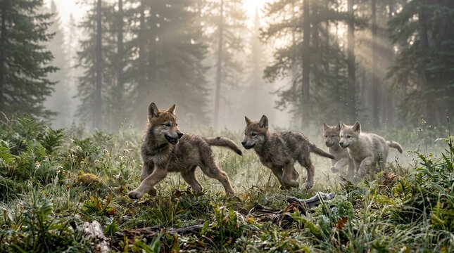Wild wolf pups playing in misty forest, young gray wolf cubs running through morning fog, cinematic wildlife scene in evergreen woodland