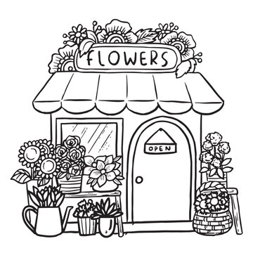 Hand drawn cute flowers shop doodle sketch illustration