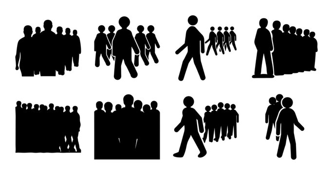 Silhouette people walking and gathering in groups - Black silhouette icons of people walking, jogging, and standing in various group formations with dynamic poses.