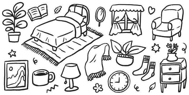 Hand drawn cute bedroom element doodle sketch illustration