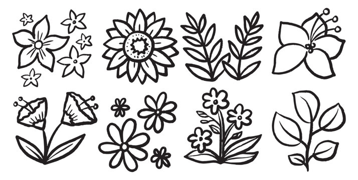 Hand drawn cute flowers and floral element doodle sketch illustration