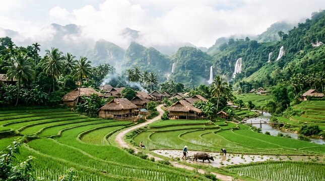 Rice field landscape with traditional village and farmer