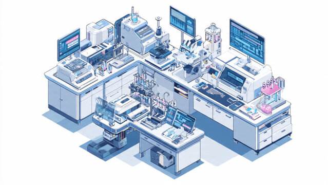 Modern high tech manufacturing factory with advanced machinery and futuristic automation in a clean blue environment