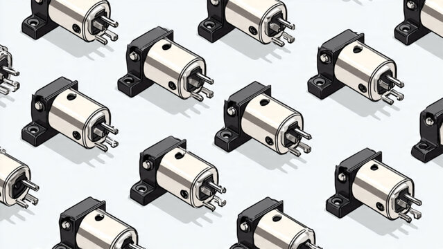 Multiple precision stepper motors with black and white components in industrial setup for automation