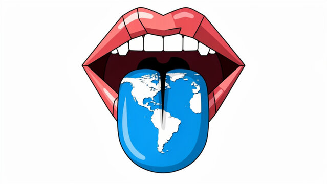 Expressive human mouth with red lips and tongue featuring a world map in blue and white for diversity and global connection