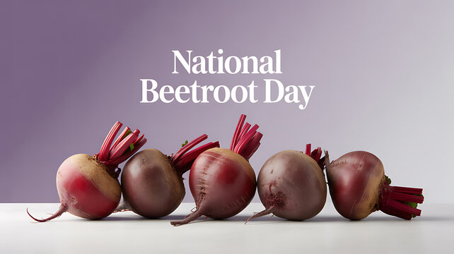 National Beetroot Day celebration with fresh beetroots arranged in a row on a white surface against a purple background