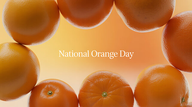 National Orange Day celebration with fresh oranges arranged in a circular pattern against a warm gradient background