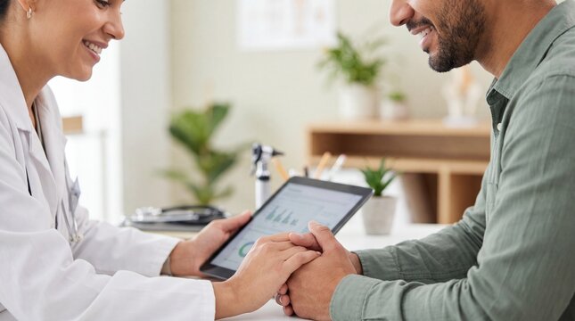 Patient receiving valuable health advice from a doctor through a digital tablet, fostering an engaging discussion in a well-lit clinic.