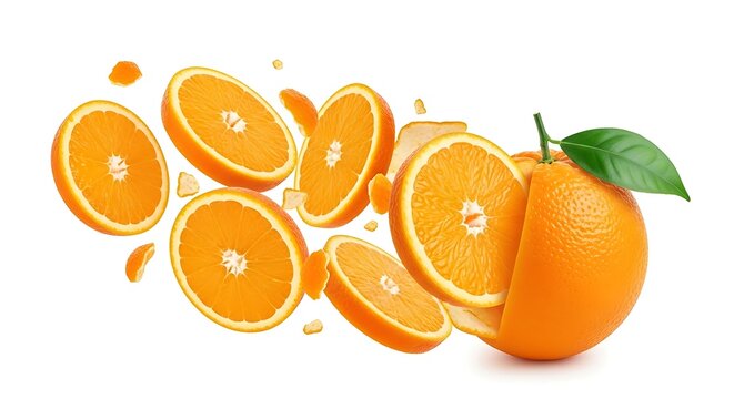 Fresh orange slices and whole orange with leaf isolated on white background bright composition