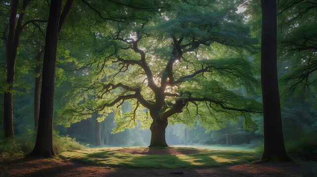 Sunlight filtering through a majestic oak tree in a serene forest clearing