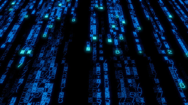 Intricate Pixelated Digital Matrix of Vivid Blue and Green Tones with White Highlights on Black Background - High-Detail Abstract Art for Technology, Innovation, and Data Visualization Projects