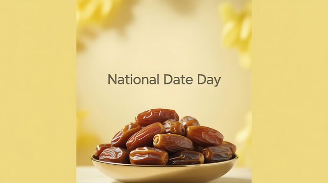 National Date Day celebration with a bowl of fresh dates on a yellow background