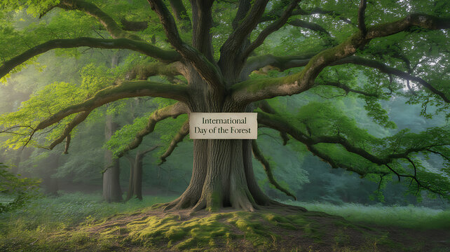 Majestic ancient tree in a lush forest with a sign reading 'International Day of the Forest'