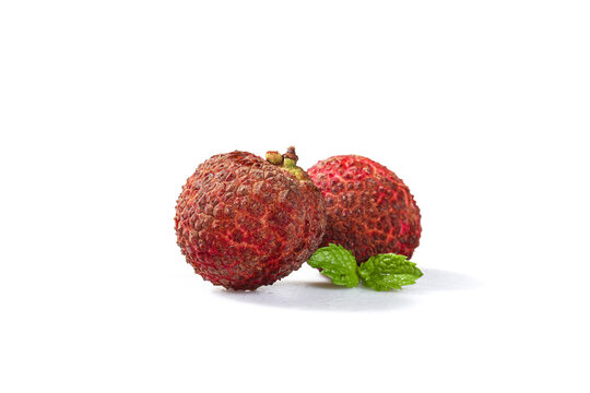 Fresh Lychee Fruits with Mint Leaves on White Background - Healthy Tropical Asian Food Still Life