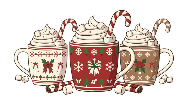 Festive Christmas Mug Collection with Candy Canes and Holiday Decorations.