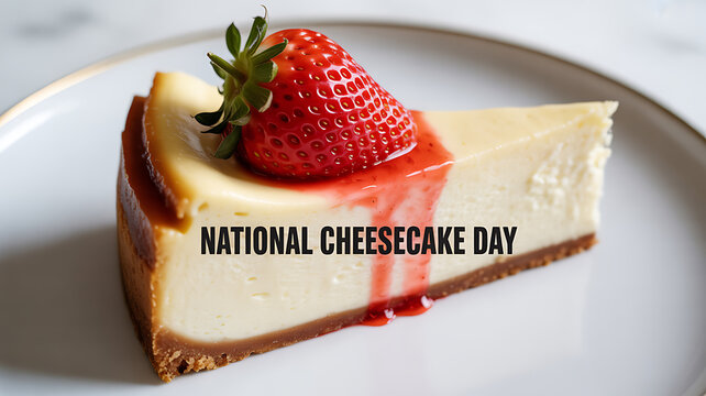 A slice of cheesecake topped with a strawberry and strawberry sauce on a white plate, celebrating National Cheesecake Day